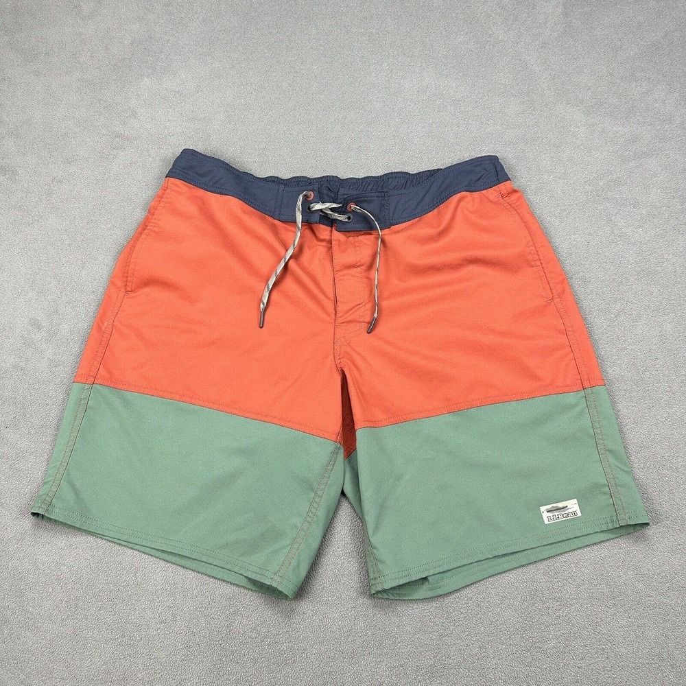 LL Bean Swim Trunks Mens XL Red Green Colorblock Lined Shorts Logo Outdoor Beach